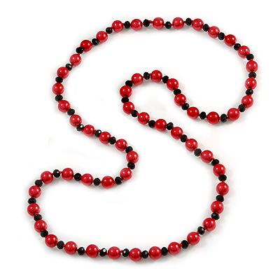 Long Red & Black Simulated Glass Pearl Necklace - 114cm Length - main view