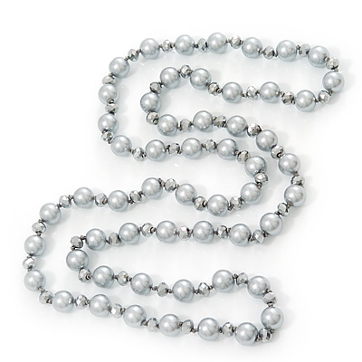 Long Light Grey/Metallic Grey Glass Pearl/Bead Necklace - 110cm Length - main view
