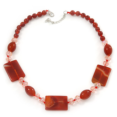 Dark Orange Ceramic & Ligth Pink Crystal Bead Necklace In Rhodium Plating - 42cm Length/ 5cm Extension