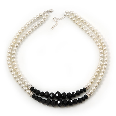 Two Row White Simulated Glass Pearl & Black Crystal Beads Necklace - 46cmc Length /6cm Extension