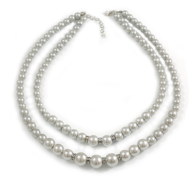 Two Row Grey Simulated Glass Pearl Bead Layered Necklace In Silver Plating - 46cm Length/ 6cm Extension - main view