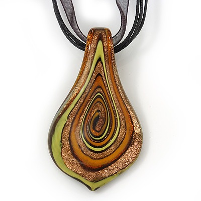 Lime Green/ Gold/ Brown Glass Teardrop Pendant Necklace On Black Cotton & Organza Cords In Silver Plating - 38cm Length/ 4cm Extension - main view