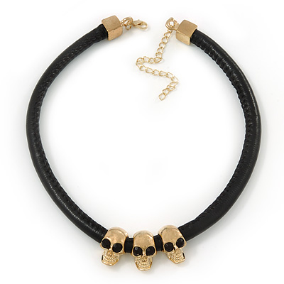 Triple Skull Black Leather Choker Necklace In Gold Plating - 38cm Length/ 9cm Extension - main view