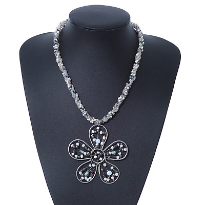 White/ Grey Coloured Glass Bead Flower Pendant Necklace - 40cm Length - main view