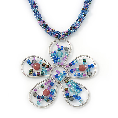 Blue/ Pink Glass Bead Flower Pendant Necklace - 40cm Length