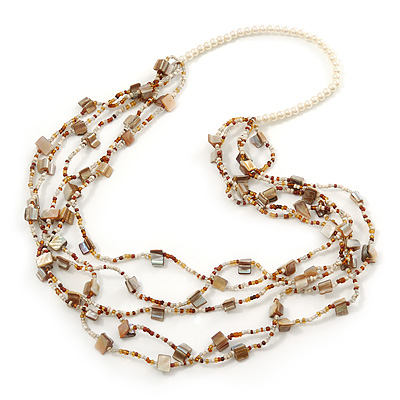 Long Multistrand Antique White/ Amber Coloured Shell/ Glass Bead Necklace - 86cm Length - main view
