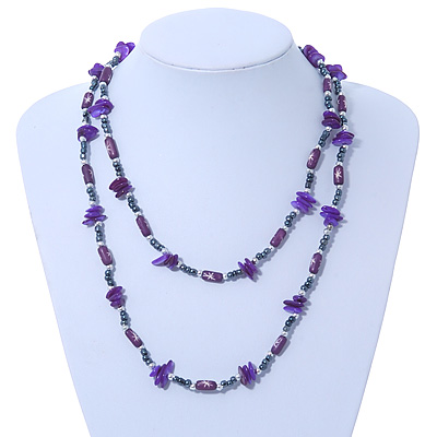 Long Purple Shell & Hematite Bead Long Necklace - 106cm Length - main view