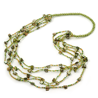 Long Multistrand Lime Green/ Olive Shell/ Glass Bead Necklace - 80cm Length - main view