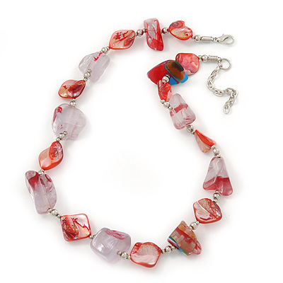 Chunky Transparent Resin/ Red Shell Nugget Necklace In Silver Tone - 44cm Length/ 5cm Extension - main view