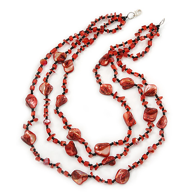 3 Strand Red/ Black Glass, Shell Bead Necklace - 60cm Length - main view