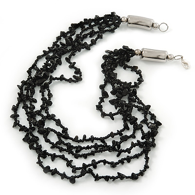 Black Multistrand, Layered Glass Bead Necklace In Silver Plating - 60cm Length - main view