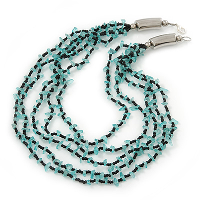 Light Blue/ Black Multistrand, Layered Glass Bead Necklace In Silver Plating - 60cm Length - main view