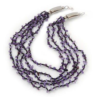 Amethyst/ Black Multistrand, Layered Glass Bead Necklace In Silver Plating - 60cm Length - main view