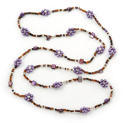 Long Purple/ Amber Coloured Glass Bead Floral Necklace - 130cm Length - main view