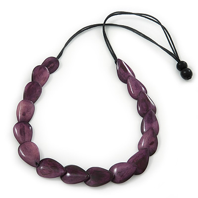 Purple Wood Bead Black Cotton Cord Necklace - 74cm Length - main view