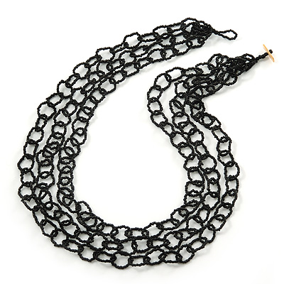 3 Strand Black Glass Bead Oval Link Necklace - 70cm Length - main view