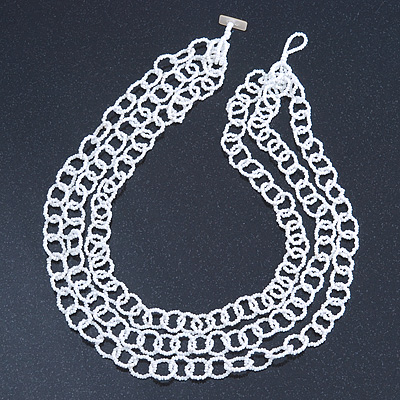 3 Strand White Glass Bead Oval Link Necklace - 70cm Length - main view