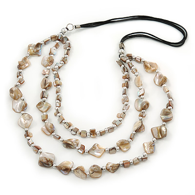 Antique White Shell Nugget With Silver Bead Cotton Cord Necklace - 80cm Length - main view