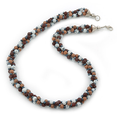 Beige/ Brown/ White Ceramic Bead Twisted Necklace In Silver Tone - 52cm Length - main view