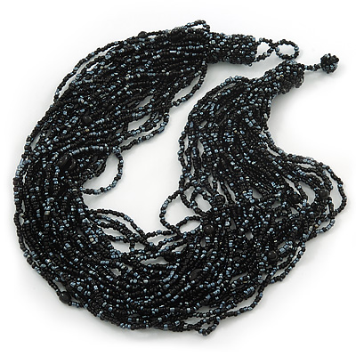 Chunky Multistrand Glass & Ceramic Bead Necklace (Black/ Metallic Silver) - 42cm Length