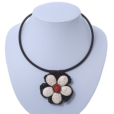 Antique White Ceramic 'Flower' Pendant Wired Choker Necklace - Adjustable