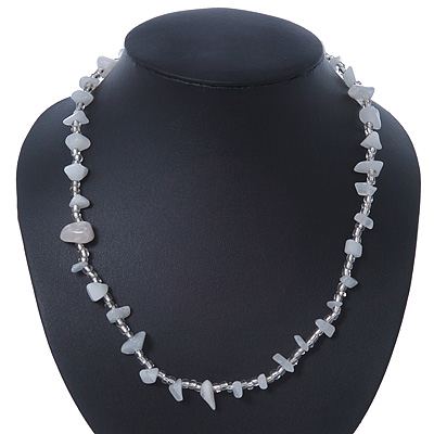 Milky White/ Transparent Semiprecious Chips, Glass Bead Necklace In Silver Plating - 46cm Length/ 3cm Extender