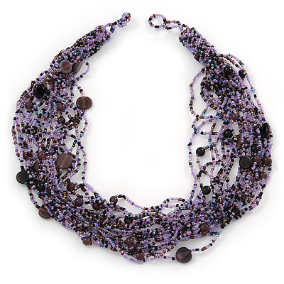 Chunky Multistrand Glass & Ceramic Bead Necklace (Lavender/Purple/Black) - 44cm Length