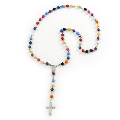 Long Multicoloured Acrylic Bead Cross Rosary Necklace - 80cm Length - main view