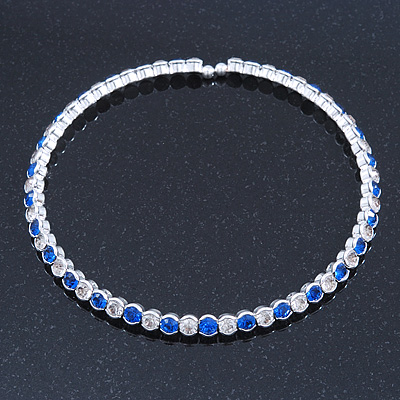 Silver Plated Clear/ Sapphire Blue Coloured Austrian Flex Choker Necklace - main view