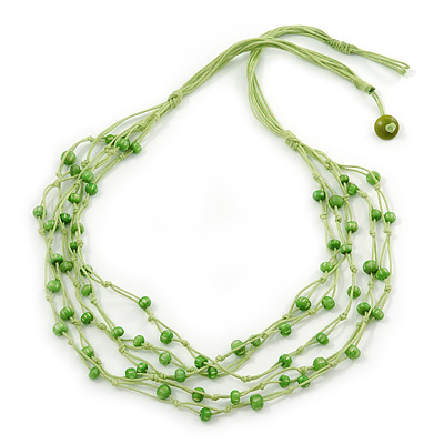 Multistrand Lime Green Wood Beaded Cotton Cord Necklace - 80cm Length - main view