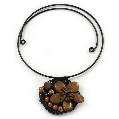 Brown Ceramic, Simulated Pearl 'Flower' Pendant Wired Choker Necklace - Adjustable