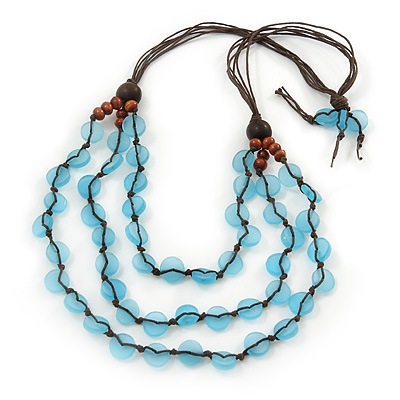 3 Strand Light Blue Resin & Brown Wood Bead Cotton Cord Necklace - 82cm Length - main view