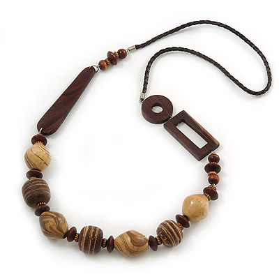 Chunky Wood Bead Geometric Leather Style Cord Necklace - 90cm Length - main view