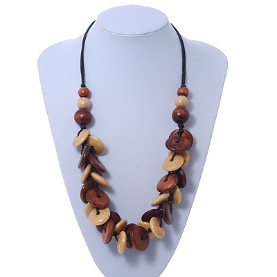 Brown/ Sandy Wood 'Button' Cluster Cotton Cord Necklace - 70cm Length - main view