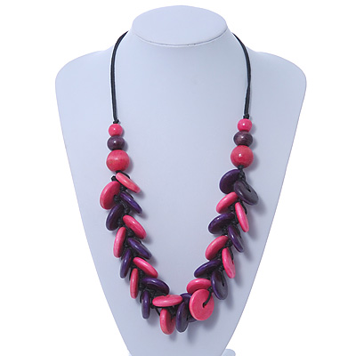 Bright Pink/ Violet Wood 'Button' Cluster Cotton Cord Necklace - 70cm Length - main view