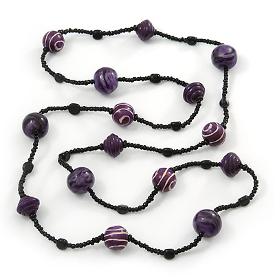 Long Wood, Resin, Glass, Ceramic Bead Necklace (Purple/ Black) - 134cm Length - main view