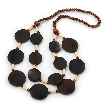 Wood Round Bead, Layered Necklace (Brown/ Cream)  - 74cm Length - main view