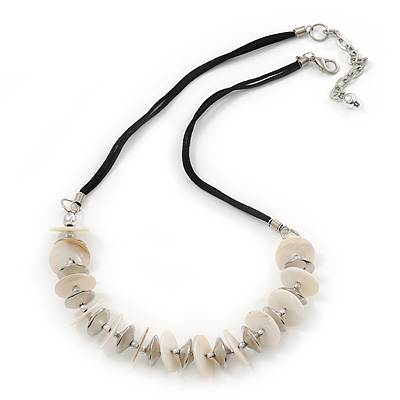 Antique White Shell Button & Metal Bead Velour Cord Necklace In Silver Tone - 52cm Length/ 7cm Extension