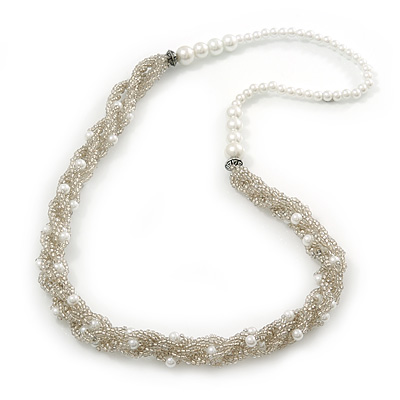 White Simulated Glass Pearl & Transparent Glass Bead Twisted Necklace - 66cm Length - main view
