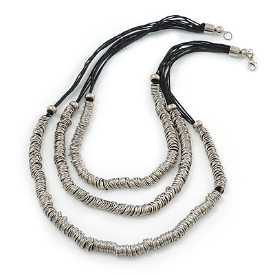 3 Strand Silver Tone Metal Rings Black Waxed Cotton Cord Necklace - 64cm Length - main view