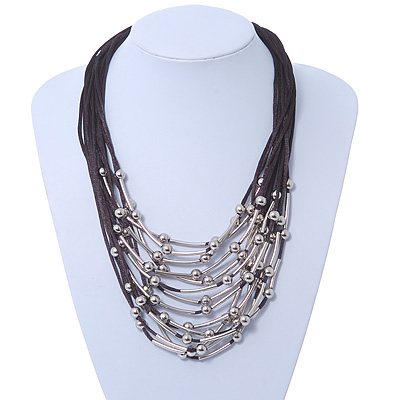 Multistrand, Layered Silver Beads & Bars Black Silk Cord Necklace - 60cm Length
