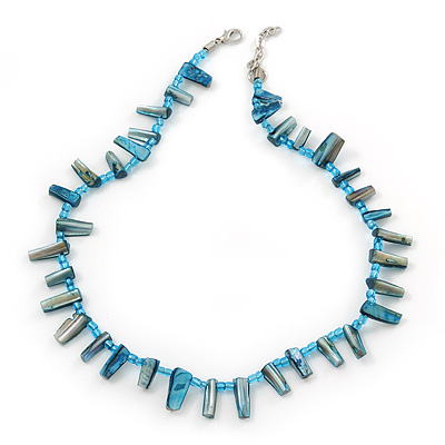 Light Blue Shell Nugget & Small Glass Bead Necklace In Silver Tone - 42cm Length/ 4cm Extension - main view