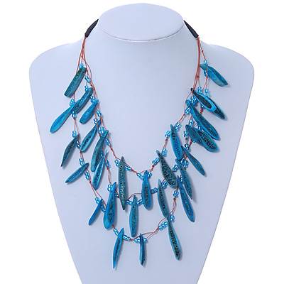3 Strand Bone Nugget & Glass Bead Layered Necklace (Teal Blue) - 60cm Length - main view