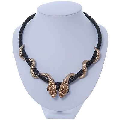 Austrian Crystal 'Double Snake' Black Leather Cord Necklace In Gold Tone Metal - 46cm Length/ 8cm Extension - main view