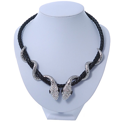 Austrian Crystal 'Double Snake' Black Leather Cord Necklace In Rhodium Plating - 46cm Length/ 8cm Extension - main view