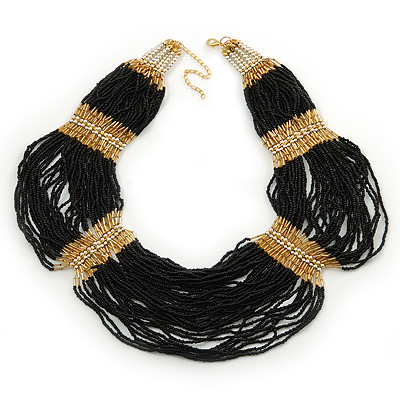 Chunky Black & Gold Glass Bead Bib Necklace In Gold Plating -  52cm Length/ 9cm Extension - main view