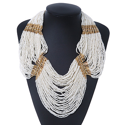 Chunky White & Gold Glass Bead Bib Necklace In Gold Plating - 52cm Length/ 9cm Extension