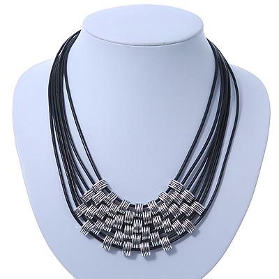Multistrand Oval Link Black Leather Cord Necklace - 42cm Length/ 6cm Extender - main view