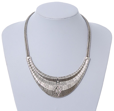 Ethnic Etched Bib Style Necklace In Silver Tone - 38cm Length/ 8cm Extension