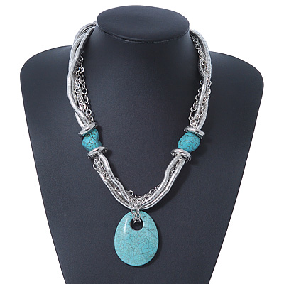 Ethnic Turquoise Stone Snake Chain Necklace In Silver Tone - 44cm Length/ 6cm Extension - main view